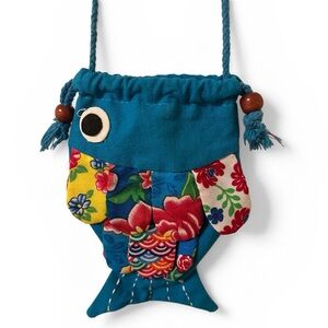 Cute Fish Drawstring Mini Bag / Crossbody Novelty Bag Colorful Floral Fabric EUC